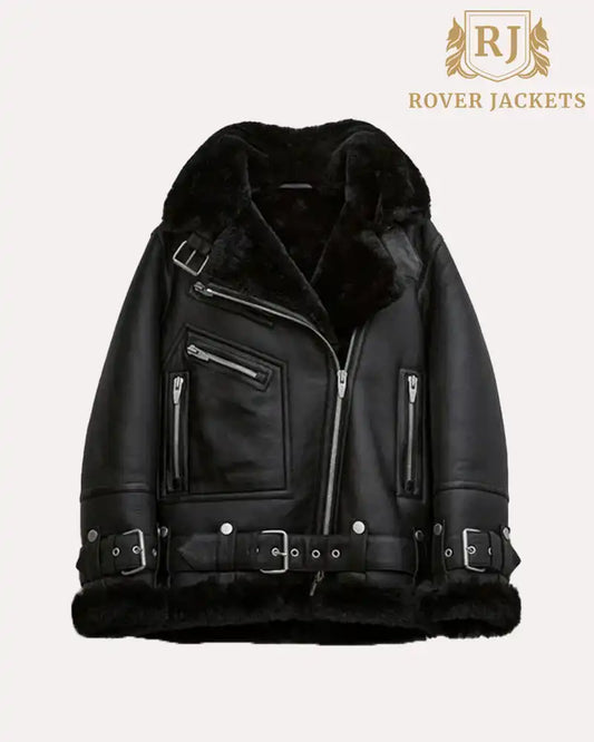 Black Women's Shearling Leather Jacket - B3 RAF Aviator Style
