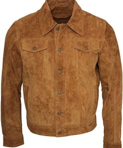 Mens Trucker Casual Tan Goat Suede Leather Shirt Jeans Jacket