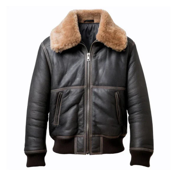 Men's Aviation Side Pockets Faux Shearling Black Bomber Jacket