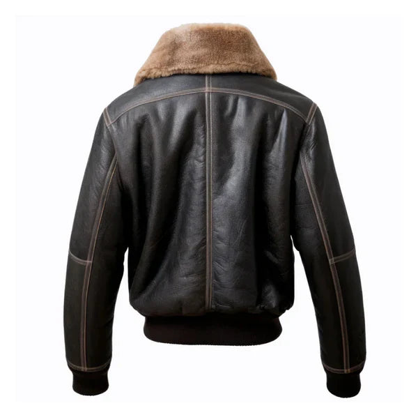 Men's Aviation Side Pockets Faux Shearling Black Bomber Jacket - Image 2