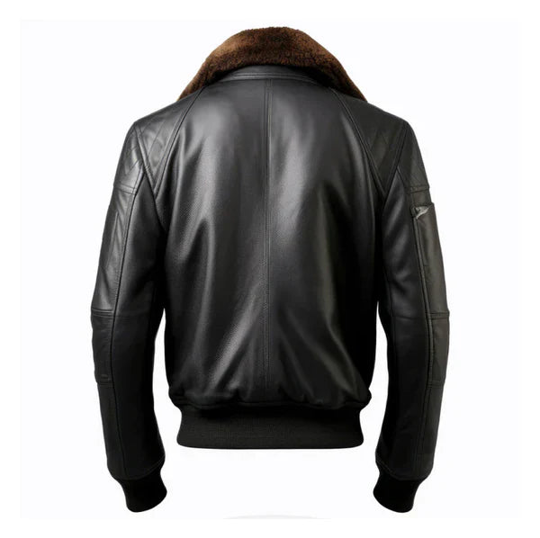 Men's B3 Pilot Faux Shearling Bomber Black Leather Jacket - Image 2