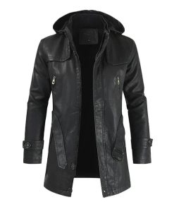 Fashionable Hooded Black Long Leather Motorcycle Coat