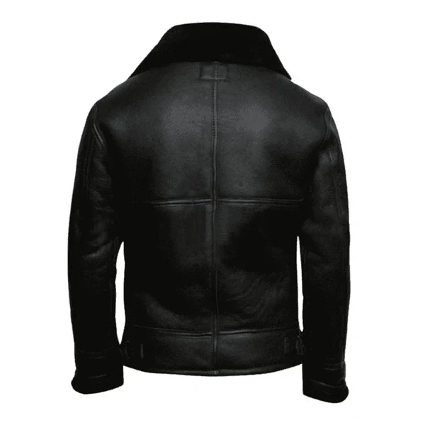 Men's Aviator Faux Shearling Black Bomber Leather Jacket - Image 2