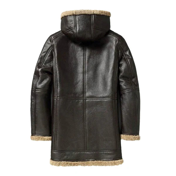 Men's B3 Hooded Shearling Coffee Leather Coat - Image 2