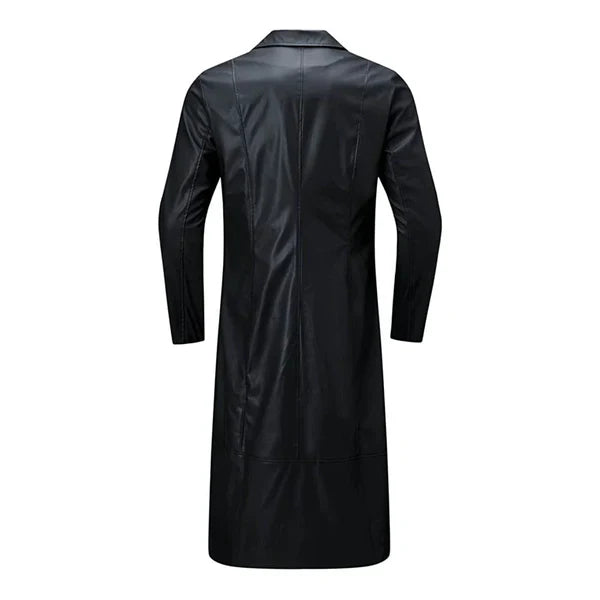 Button Closure Black Leather Long Coat - Image 2