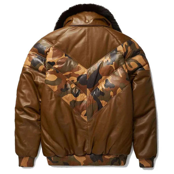 Men's V-Bomber Faux Shearling Brown Leather Jacket - Image 2