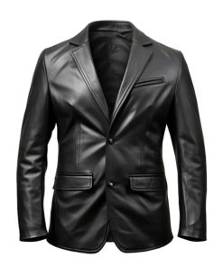 Stylish Button Closure Blazer Black Leather Coat