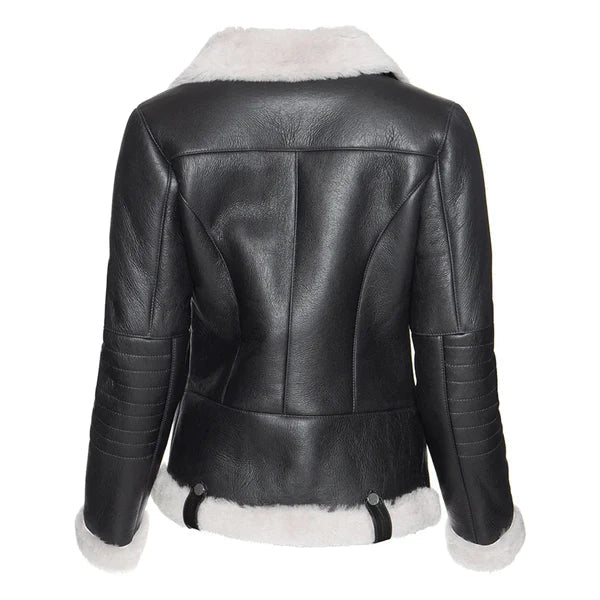 Women's Black Merino Wool White Faux Fur Shearling Leather Jacket - Image 2
