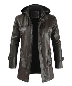 Fashion Hooded Long Camel Leather Motorcycle Coat