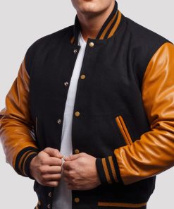 Black Wool Varsity Jacket with Old Gold Leather Sleeves