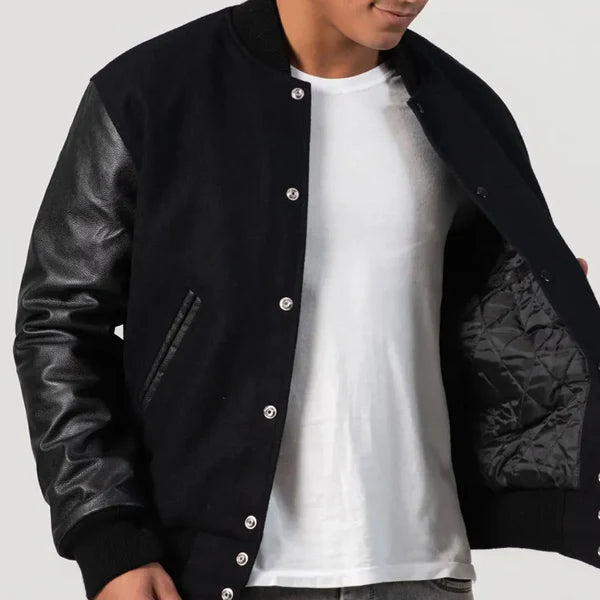 Black Wool Varsity Jacket with Black Leather Sleeves - Image 2
