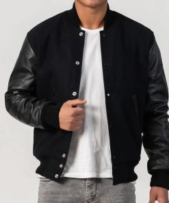 Black Wool Varsity Jacket with Black Leather Sleeves