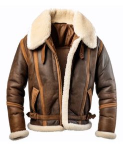 Men's Aviation Lapel Faux Shearling Brown Leather Jacket