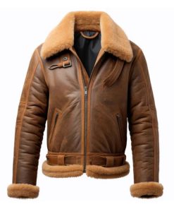 Men's B3 Brown Zipper Pockets Faux Shearling Leather Jacket