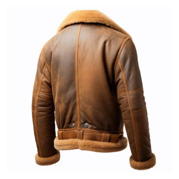 Men's B3 Brown Zipper Pockets Faux Shearling Leather Jacket - Image 2