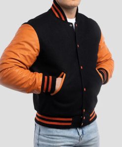 Men's Black and Orange Wool Varsity Jacket
