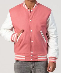 Men's Pink and Bright White Wool Varsity Jacket