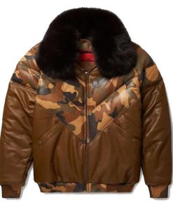 Men's V-Bomber Faux Shearling Brown Leather Jacket