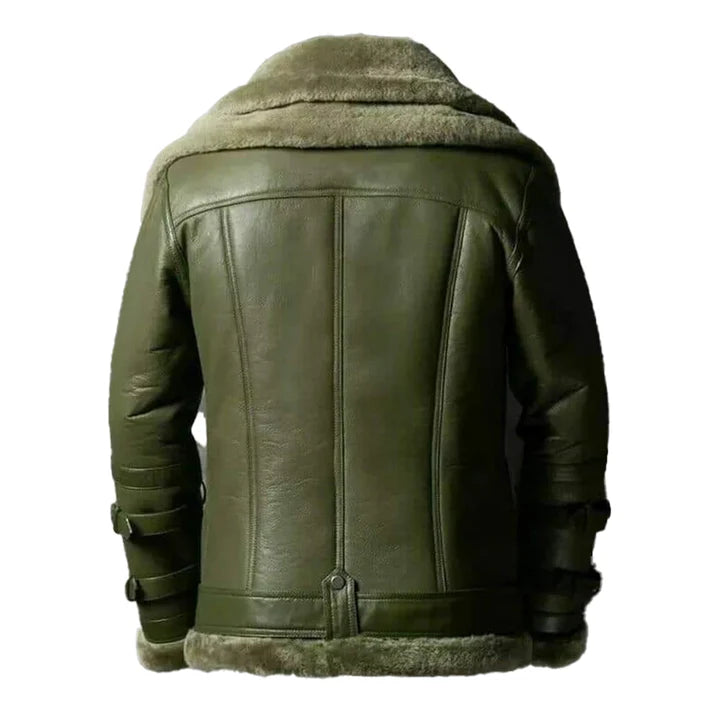 Men's Double Collar Green RAF Faux Shearling Bomber Jacket - Image 2