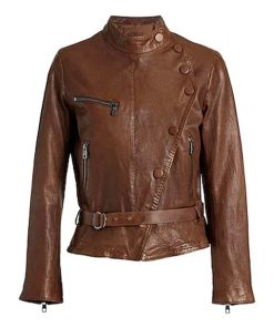 Women's Brown Stylish Button Moto Leather Jacket