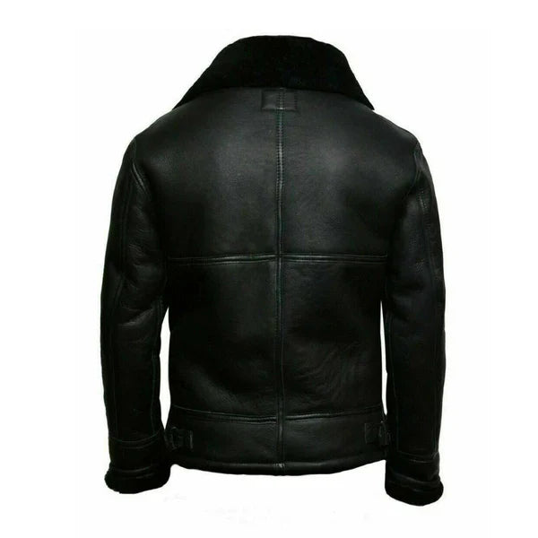 Men's Adjustable Collar Faux Shearling Leather Jacket - Image 2