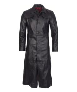Full-Length Classic Black Leather Trench Coat