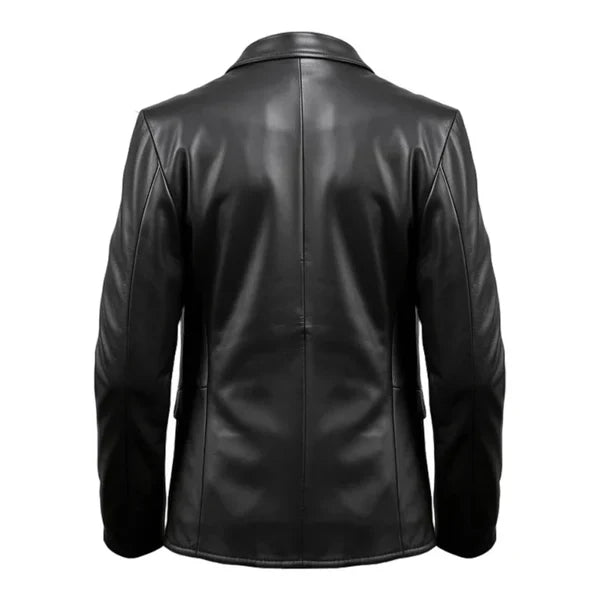 Stylish Button Closure Blazer Black Leather Coat - Image 2