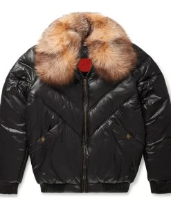Men's V-Bomber Bubble Faux Shearling Black Leather Jacket