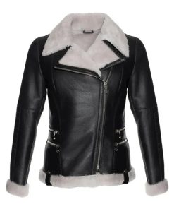 Women's Black Merino Wool White Faux Fur Shearling Leather Jacket