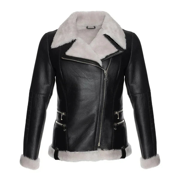 Women's Black Merino Wool White Faux Fur Shearling Leather Jacket