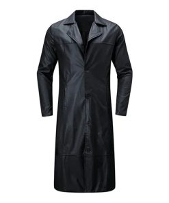 Button Closure Black Leather Long Coat