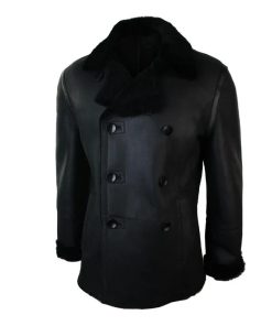 German Double-Breasted Black Leather Military Coat
