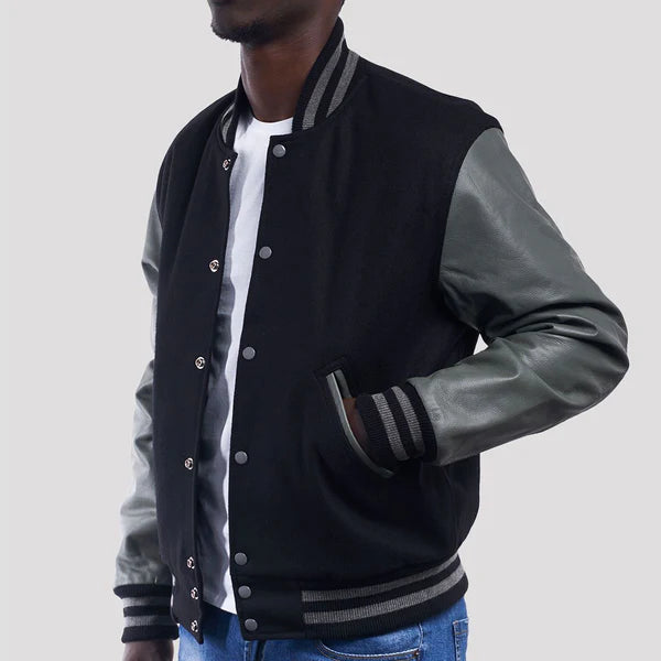 Black Wool Varsity Jacket with Grey Leather Sleeves - Image 2