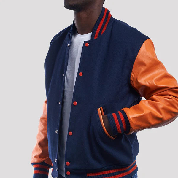 Royal Wool Varsity Jacket with Orange Leather Sleeves - Image 2