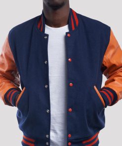 Royal Wool Varsity Jacket with Orange Leather Sleeves