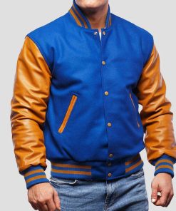 Bright Royal Wool Varsity Jacket with Old Gold Leather Sleeves