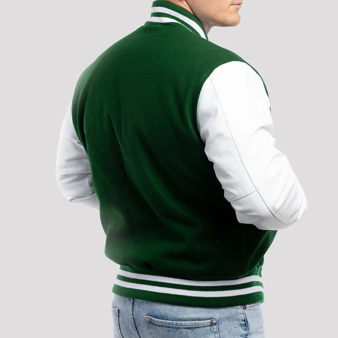 Kelly Green Wool Varsity Jacket with Bright White Leather Sleeves - Image 2