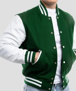 Kelly Green Wool Varsity Jacket with Bright White Leather Sleeves