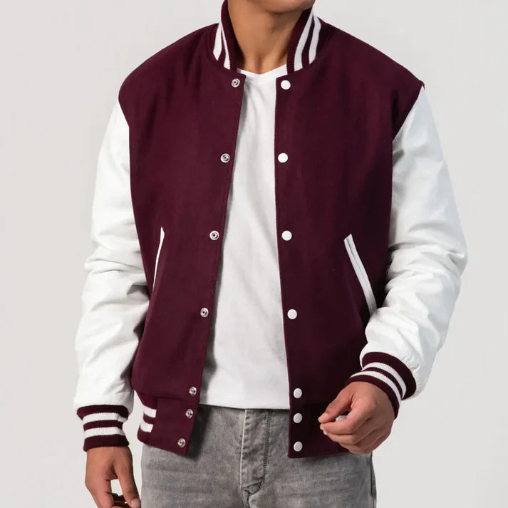 Maroon Wool Varsity Jacket with Bright White Leather Sleeves - Image 2