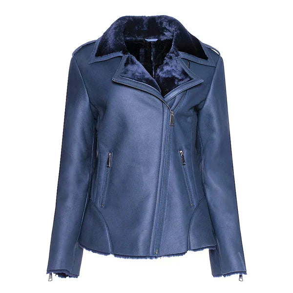 Women's Blue Shearling Straight Leather Jacket
