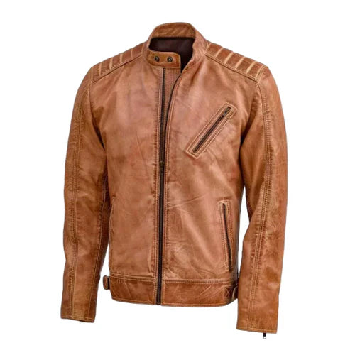 Men's Tan Nexus Biker Leather Jacket - Image 2