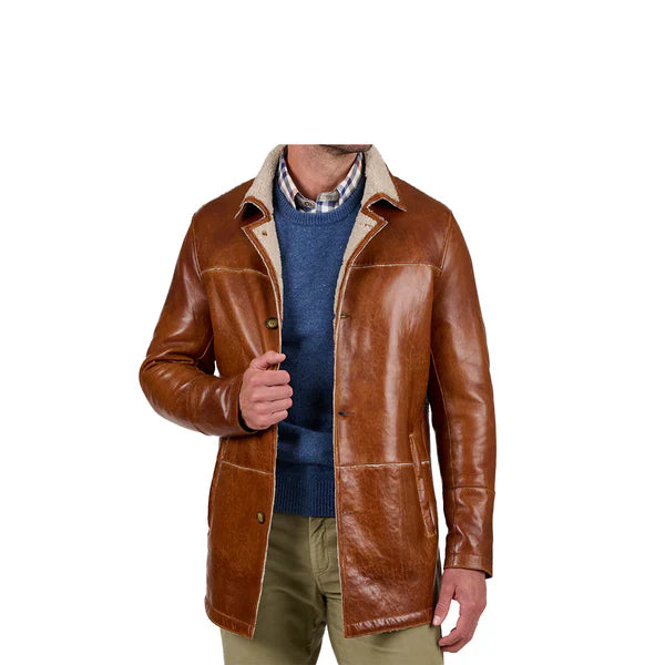 Lamb Sherpa Lining Genuine Brown Leather Coat - Image 2