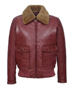Men's Aviator Jet Fighter Maroon Faux Shearling Bomber Leather Jacket