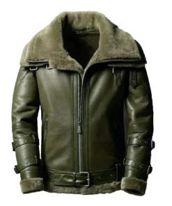 Men's Double Collar Green RAF Faux Shearling Bomber Jacket