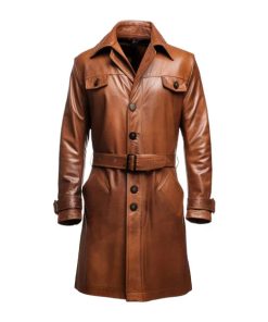 Button Style Vintage Long Brown Leather Coat