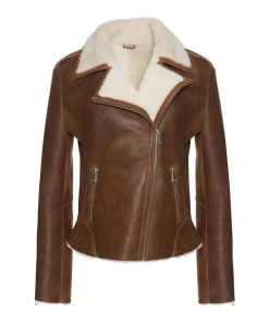 Women's Cognac Shearling Straight Moto Leather Jacket