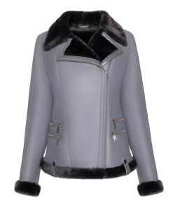 Women's Grey Merino Shearling Black Fur Leather Jacket