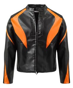 Men's Cropped Black Orange Biker Leather Jacket