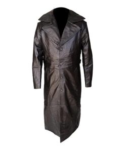 Long Trench Winter Black Real Leather Coat