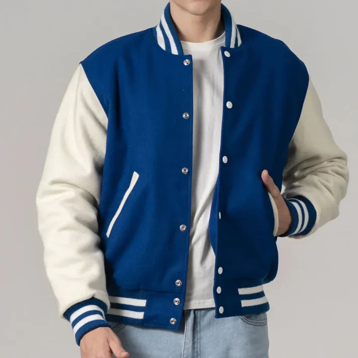 Men's Customizable Royal Blue & White All-Wool Varsity Jacket